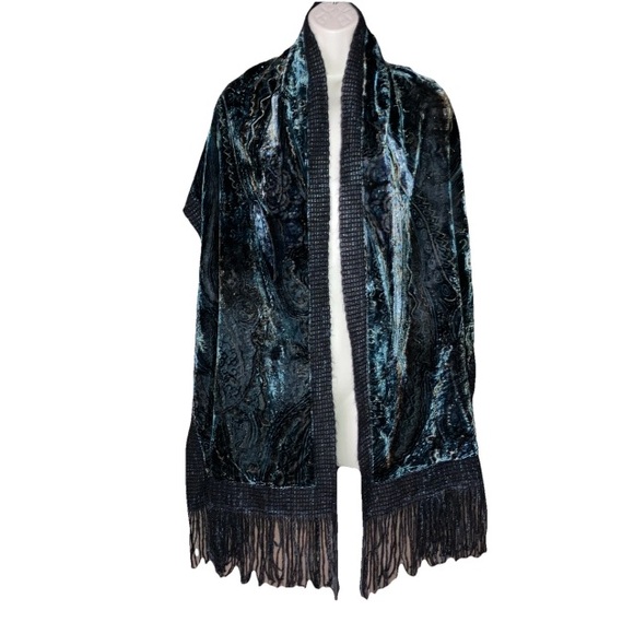 Italian Nordstroms Black Blue Velvet Fringes Mohair Wool Paisley Scarf Shawl